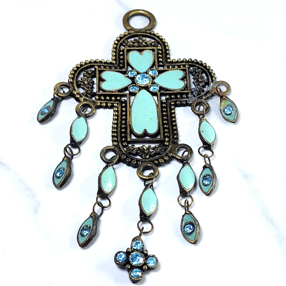 Beautiful Old World Boho Faux Turquoise & Metal Heart Cross Art Deco Pendant